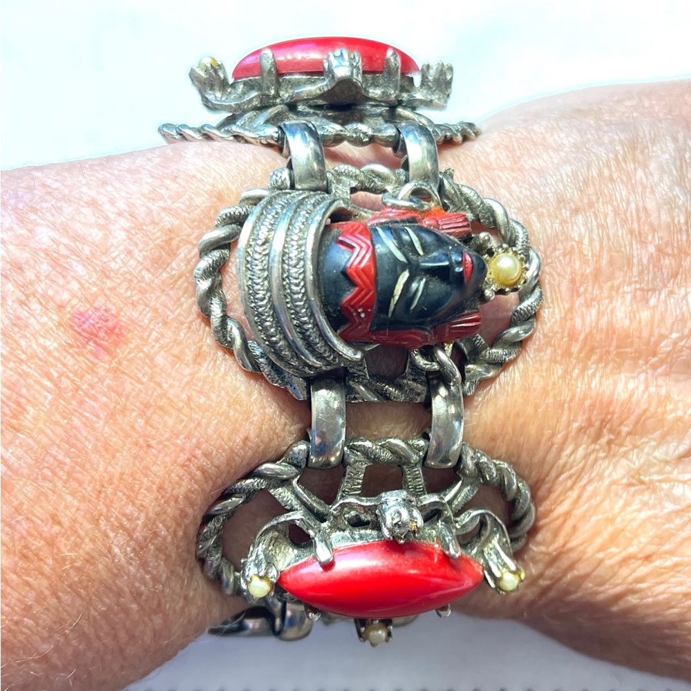 Vintage 1940s Selro Selini Face Mask Red Black Celluloid Panel Bracelet